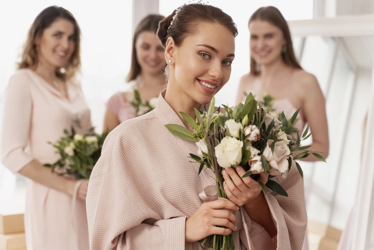 Novia con ramo acompañada por sus damas durante la preparación